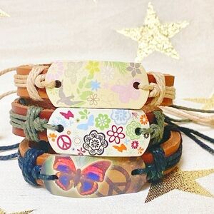 Set of 3 Adjustable Butterfly Peace Dove Floral Bracelets Handmade Style Gift